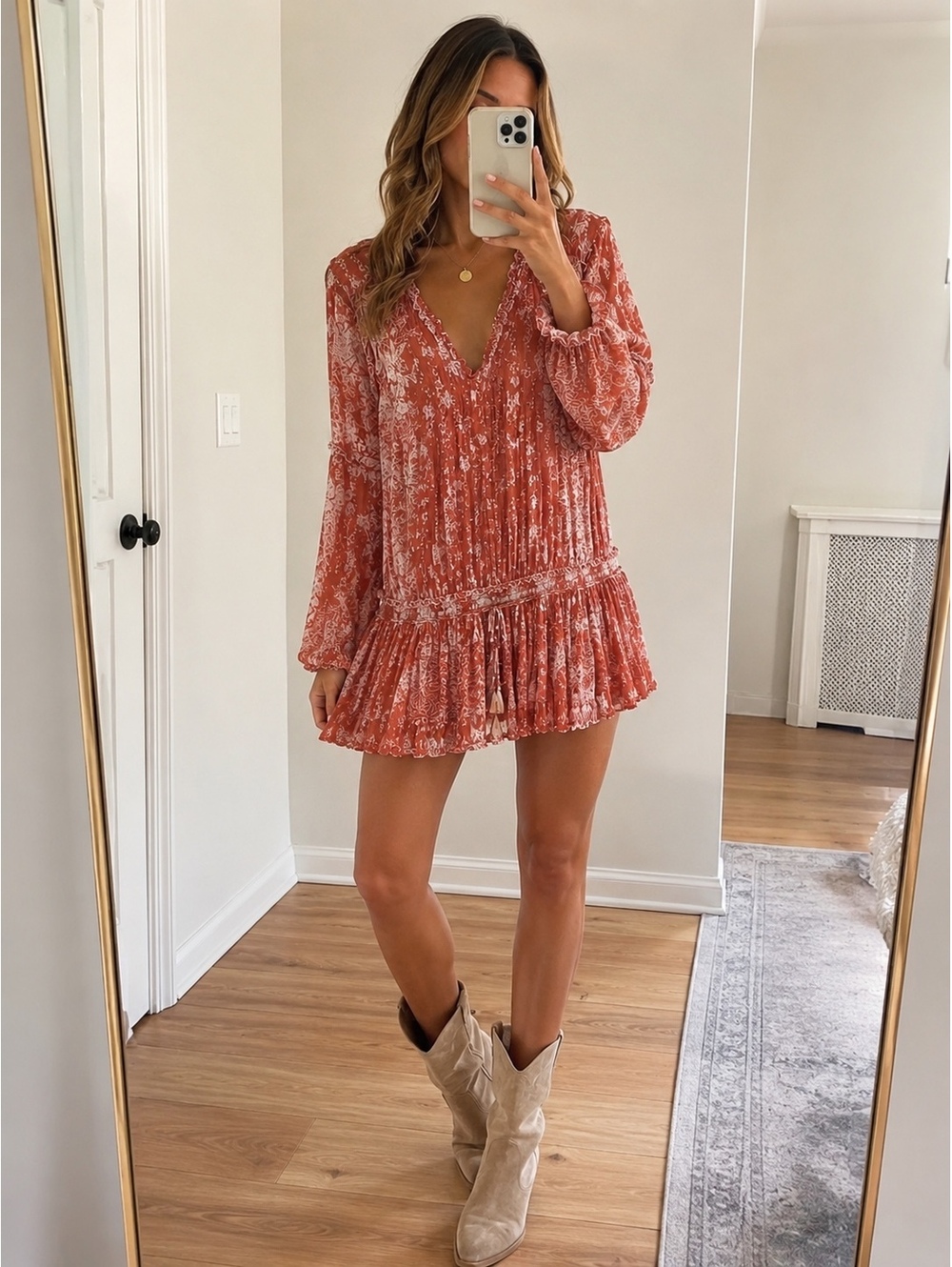 Poupette St. Barth Coral and White Floral Long Sleeve Dress
